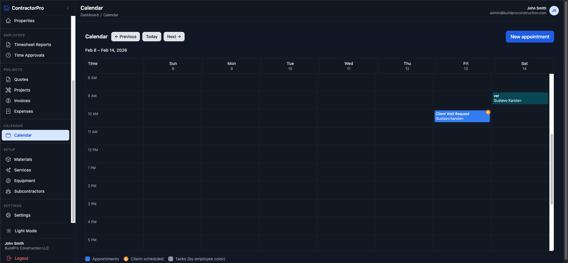 Calendar week view with appointments and client scheduled events.