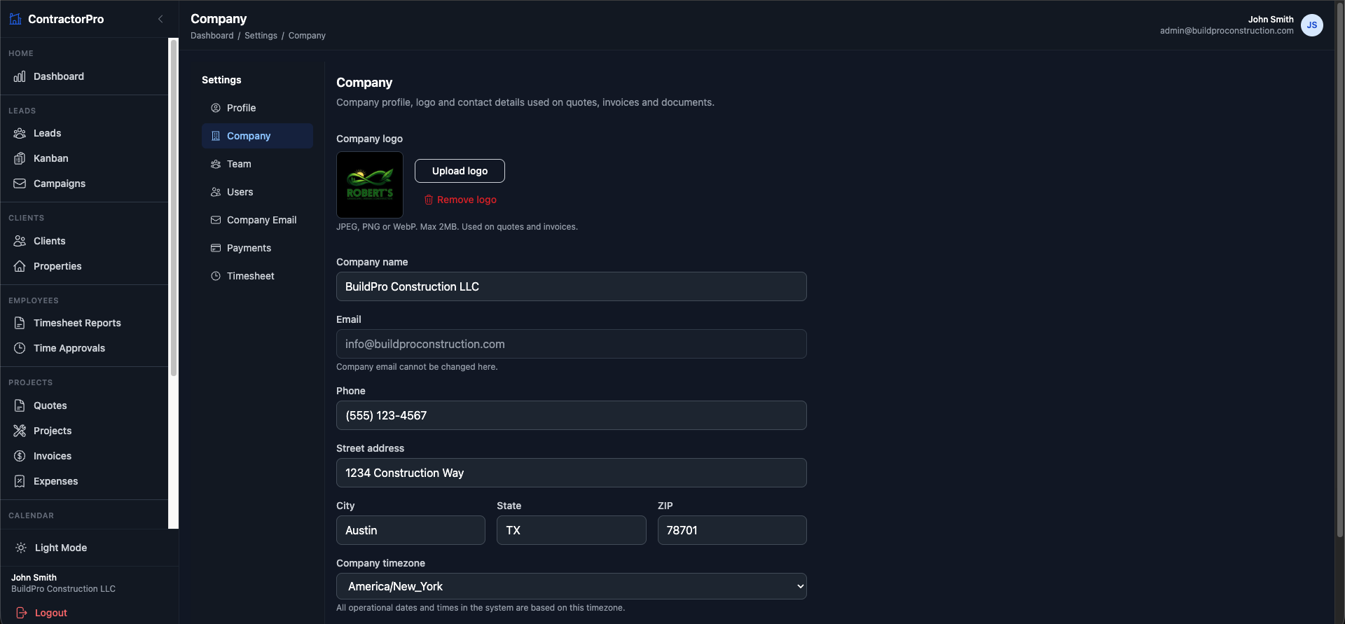 Company settings page with branding, contact, address, and timezone fields.