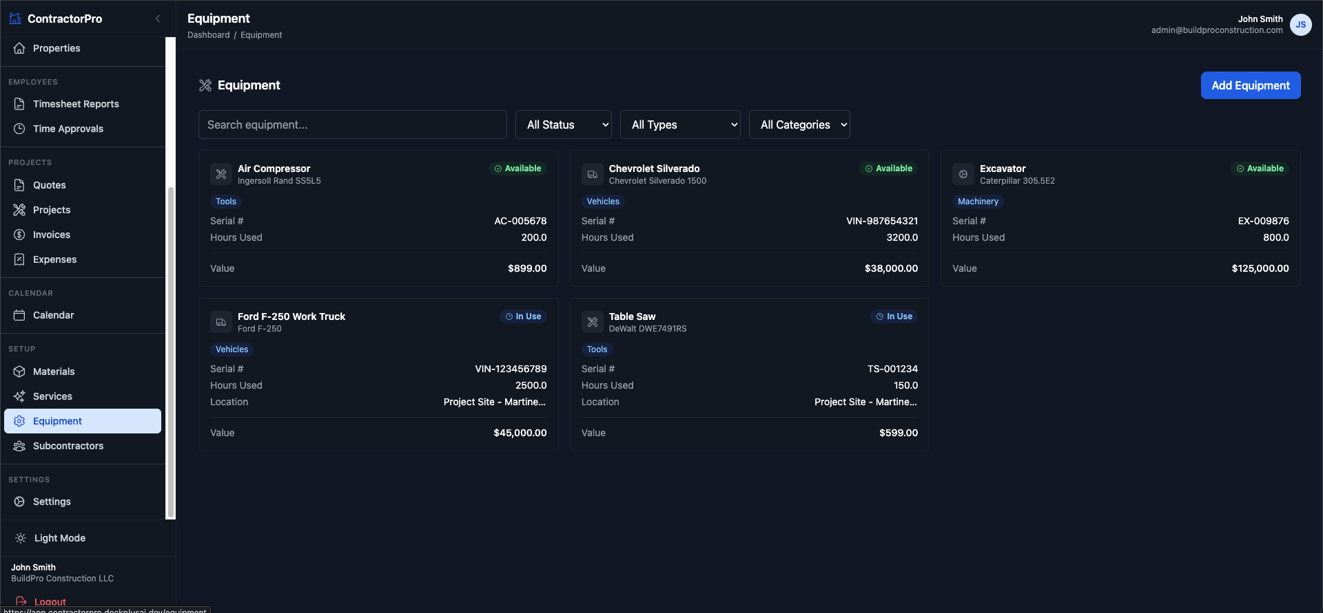 Equipment module with inventory cards, usage metrics, and availability status.