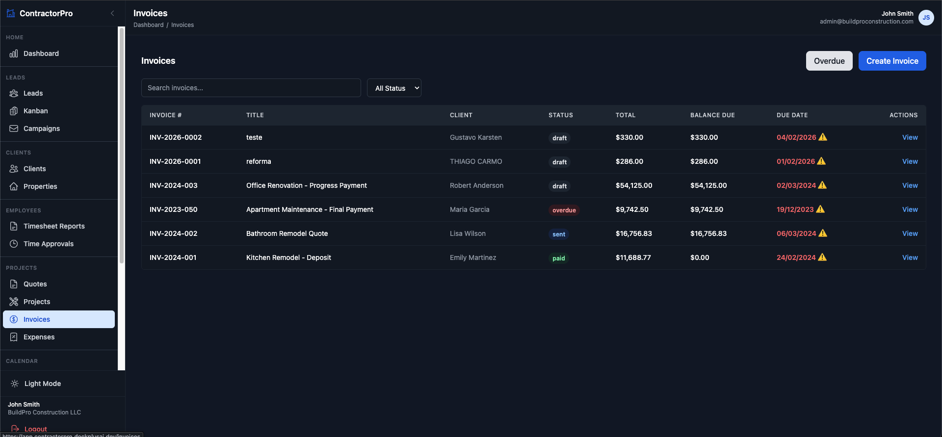 Invoices table with due dates, balances, and status tags including overdue.