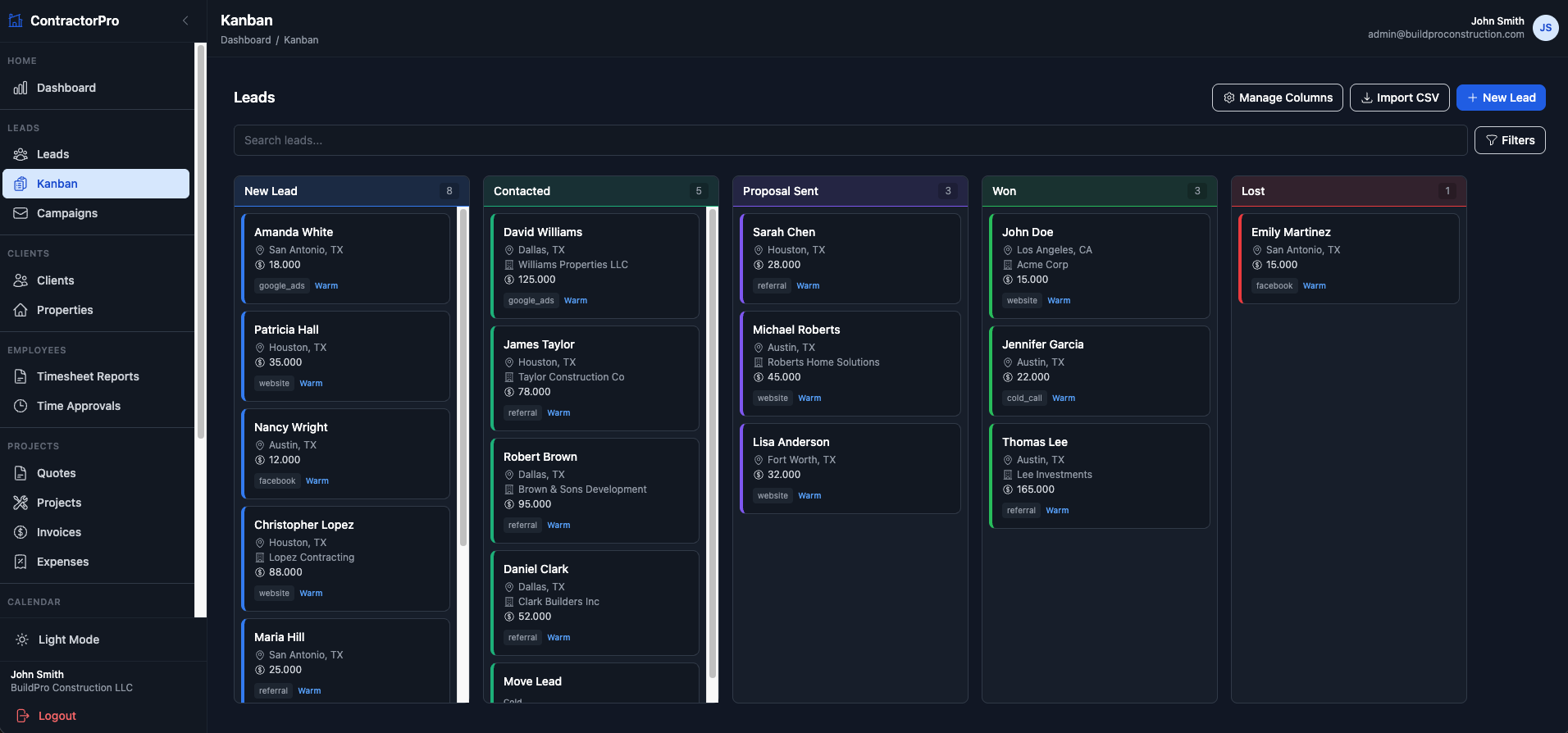 Kanban board for leads with stages from new lead to won and lost.