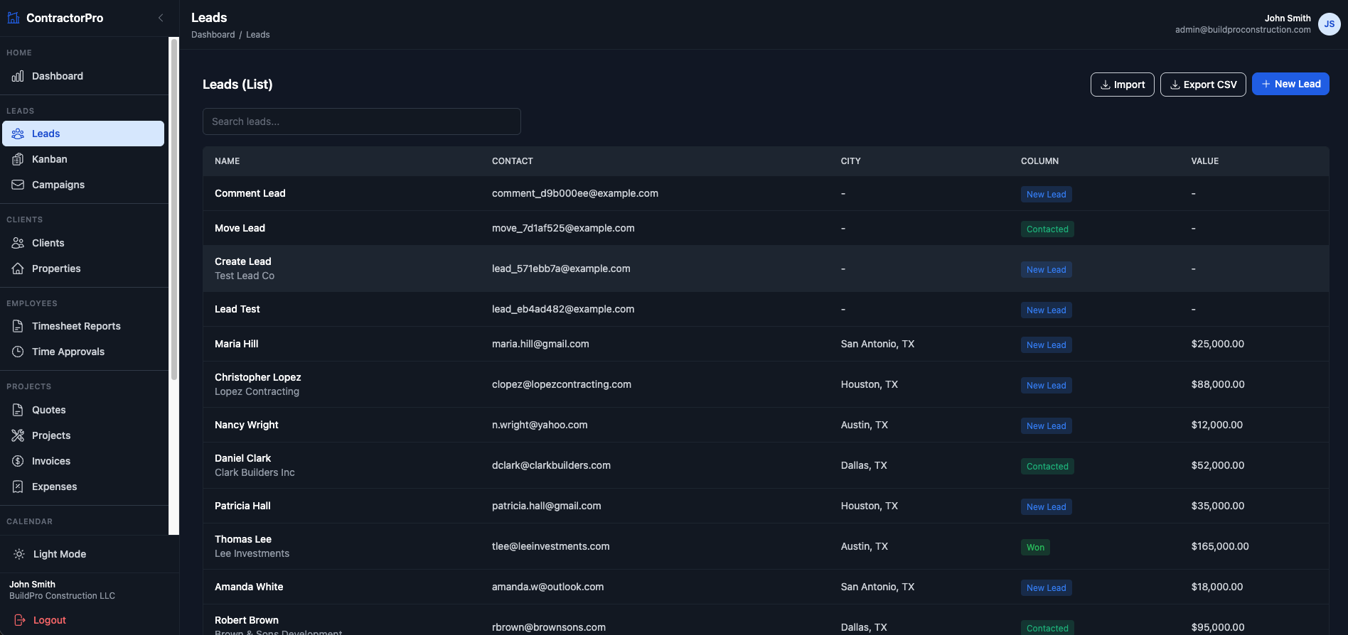 Leads list view with contact details, city, pipeline column, and lead values.