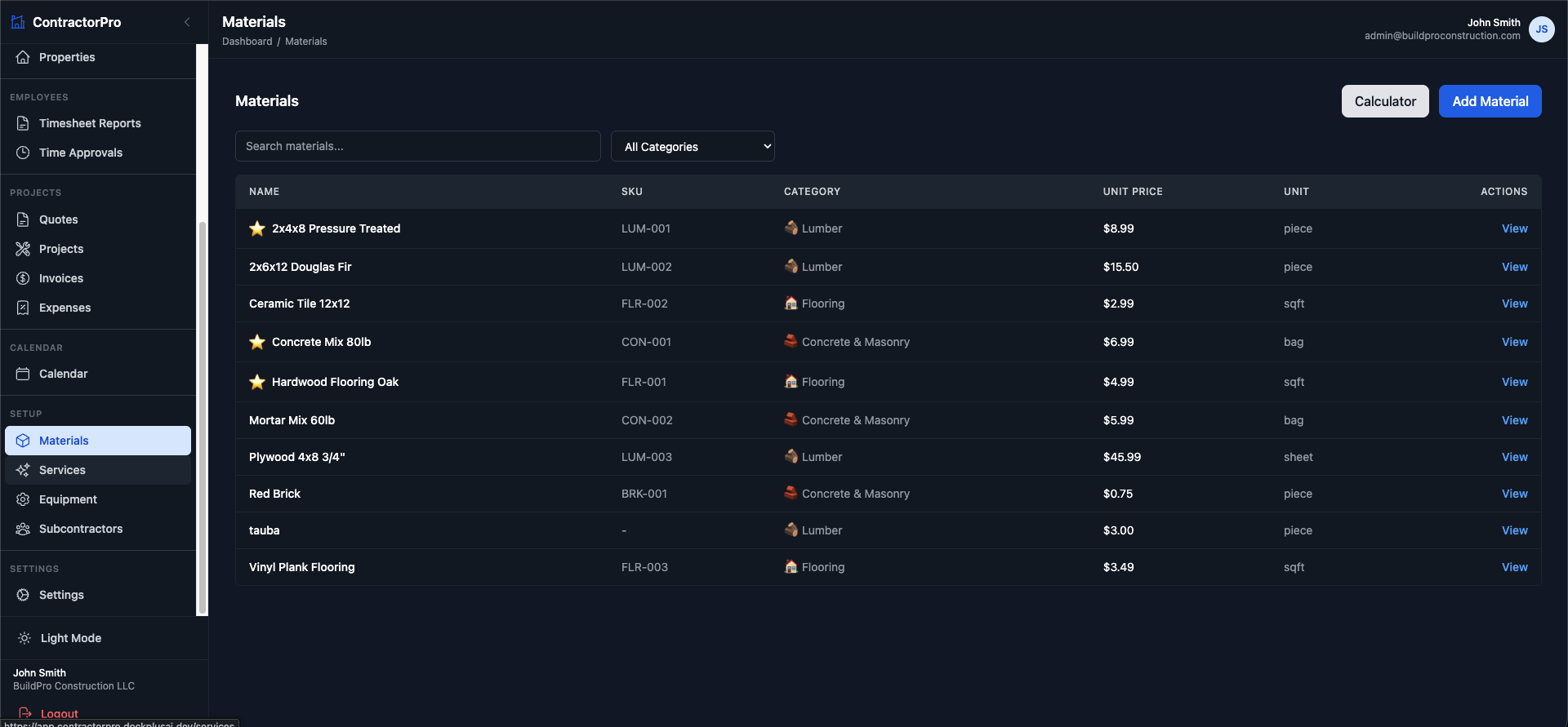 Materials catalog with SKU, category, unit price, and unit columns.
