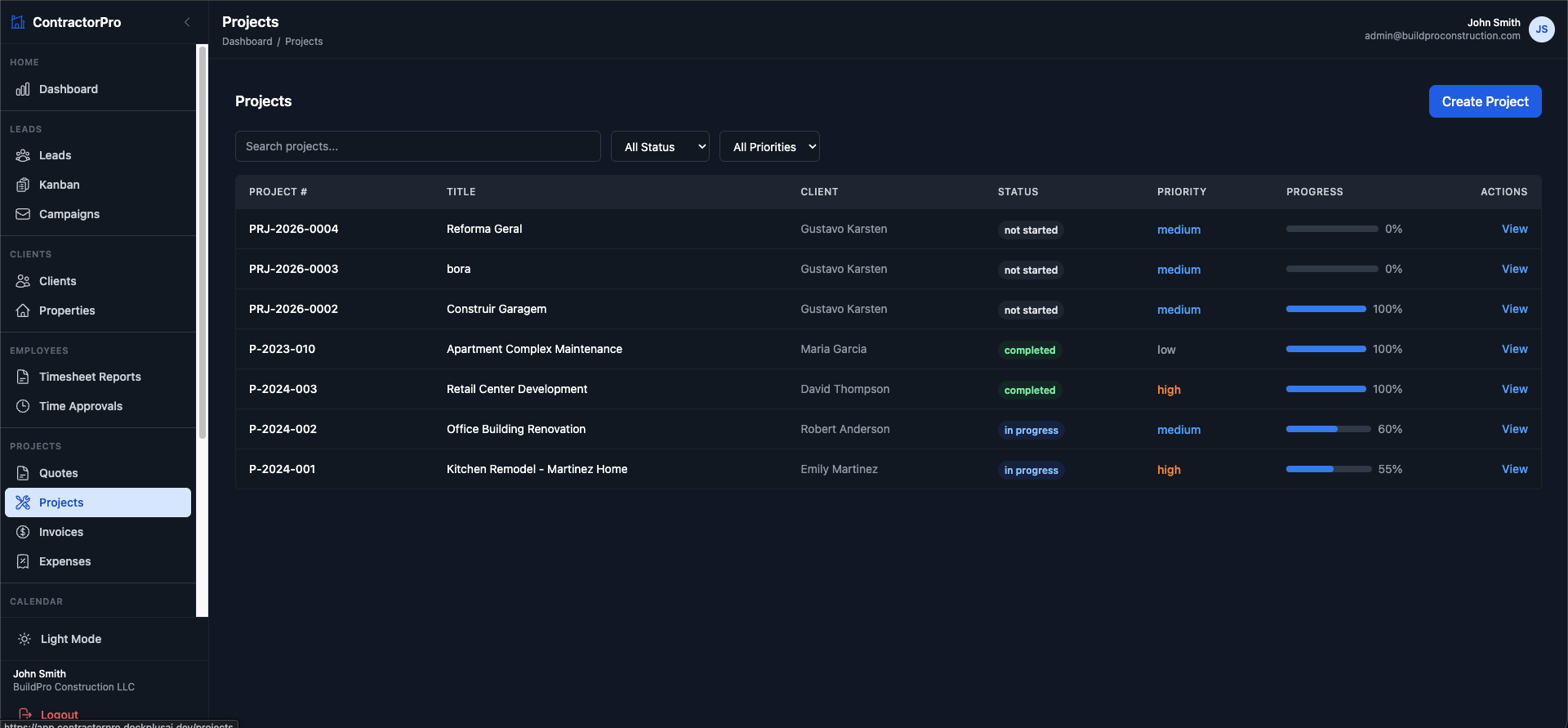 Projects list with status, priority, and progress indicators.
