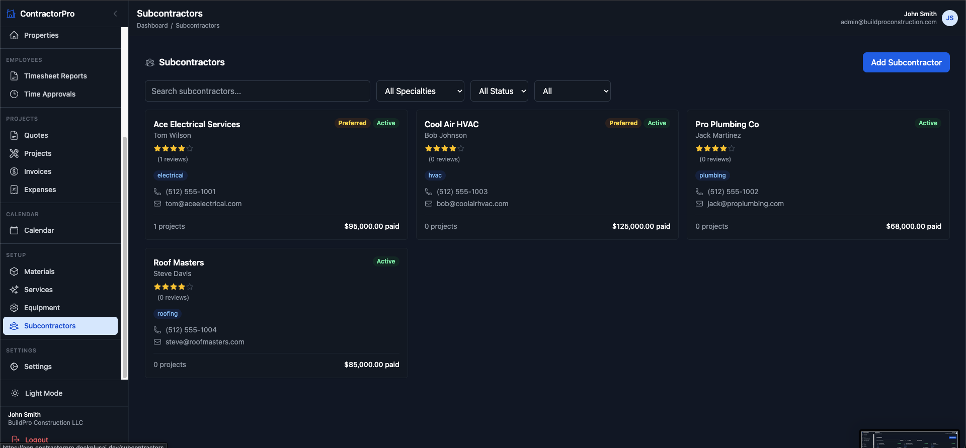 Subcontractors directory with ratings, specialties, contacts, and paid totals.