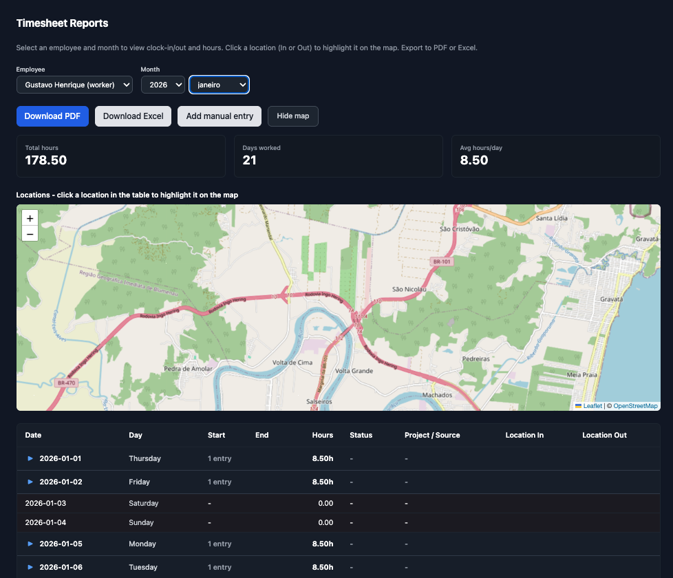 Timesheet reports with hour totals, map view, and daily time entries.